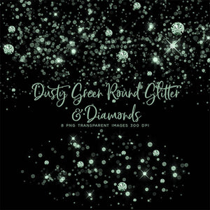 Dusty Green Round Glitter Dust & Diamonds 01 - sparkly 8 PNG Transparent Overlays High Resolution - Instant Download Digital Clip art