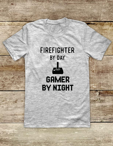Firefighter By Day GAMER BY NIGHT - Video Game shirt Soft Unisex Men or Women Short Sleeve Jersey Tee Shirt