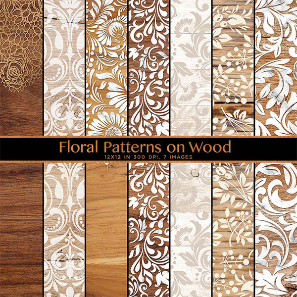 Floral Patterns on Wood - 7 High Resolution Images - Instant Download Digital Clip art