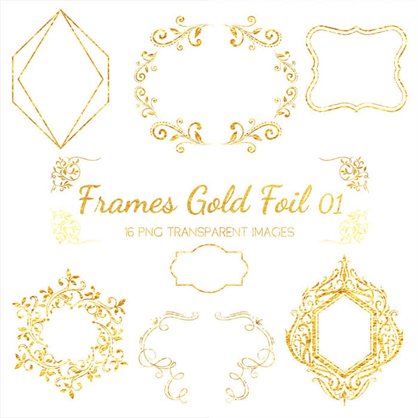 Frames Gold Foil 01 - 16 PNG Transparent Images High Resolution Images - Instant Download Digital Clip art