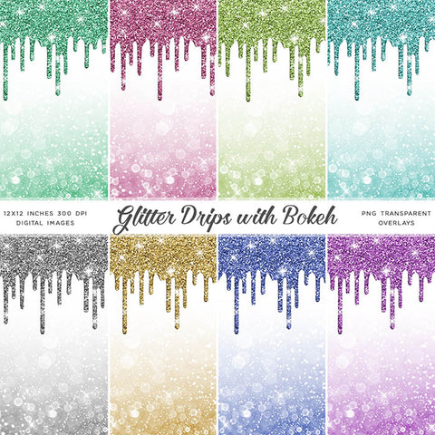 Glitter Drips With Bokeh Backgrounds - Backgrounds and Transparent Overlays - Instant Download Digital Clip art for Invitations Cards Party design Backdrop Scrapbooking Kids Crafts