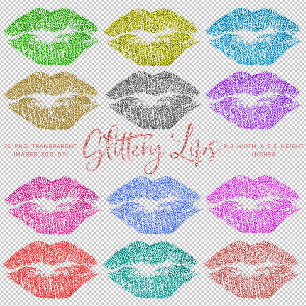 Glittery Sparkly Glitter Lips - 16 Different Colors PNG Transparent Images - Instant Download Digital Clip art