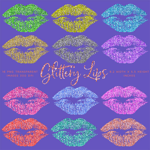 Glittery Sparkly Glitter Lips - 16 Different Colors PNG Transparent Images - Instant Download Digital Clip art