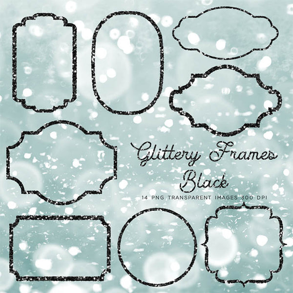 Glittery Frames 1 Black - 14 PNG Transparent Images - Instant Download Digital Clip art