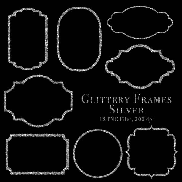 Glittery Frames 1 Silver - 14 PNG Transparent Images - Instant Download Digital Clip art