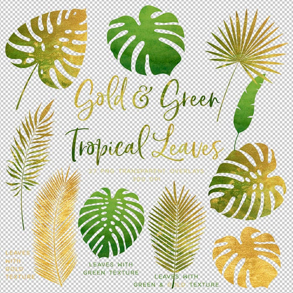 Gold And Green Tropical Leaves 01 - 27 Transparent Objects PNG Overlays - Instant Download Digital Clip art