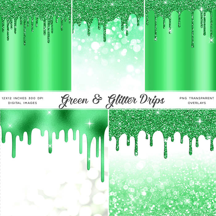 Bright Green And Glitter Drips - Backgrounds and Transparent Overlays - Instant Download Digital Clip art for Invitations Cards Party design Backdrop Scrapbooking Kids Crafts