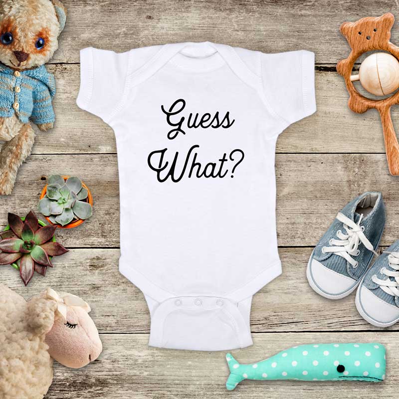 Guess What? (d5) baby onesie bodysuit baby coming birth pregnancy announcement - surprise grandparents or daddy