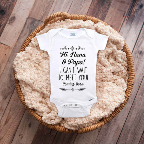 Hi Nana & Papa I can't wait to meet you Coming Soon baby onesie surprise grandparents mom dad pregnancy reveal