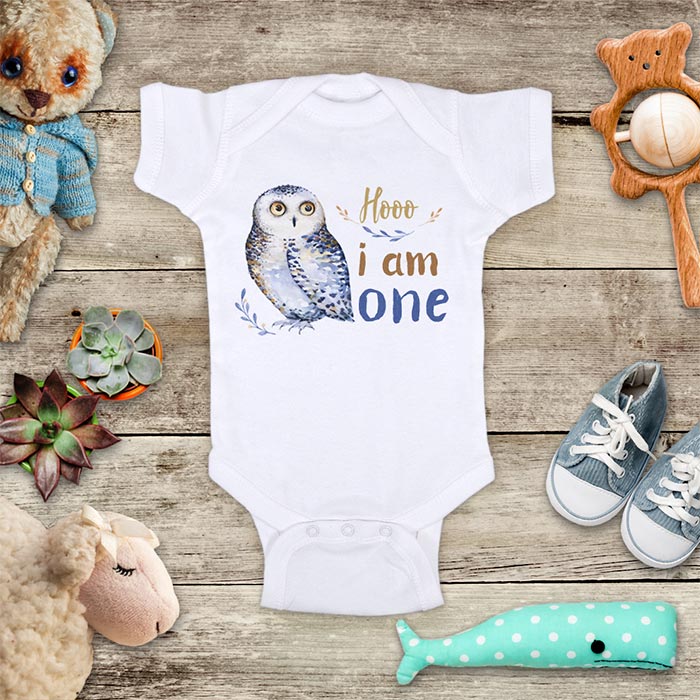 Hooo i am one Owl boho watercolor 1st First Birthday baby bodysuit Infant Toddler Shirt