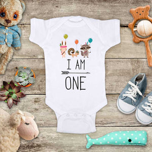 I Am ONE Woodland Animals & Balloons 1st First Birthday Shirt baby bodysuit Infant Toddler Shirt Hello Handmade design