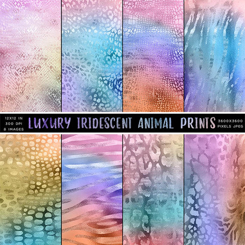 Luxury Iridescent Animal Prints Foil Metallic Backgrounds - 8 High Resolution Images - Instant Download Digital Clip art