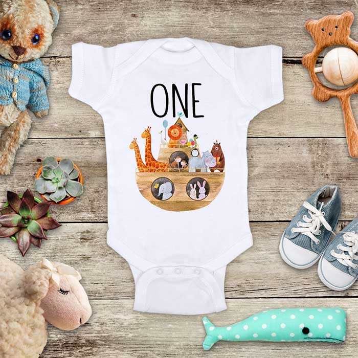 Noah's Ark ONE First Birthday zoo Animals Baby Onesie Bodysuit Infant, Toddler & Youth Soft Shirt