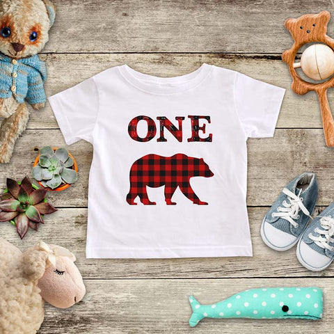 One Bear Red and Black Plaid pattern design boho hipster hippie Baby Onesie Bodysuit Toddler Soft Fine Jersey Shirt