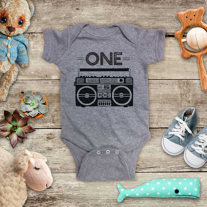 ONE Boombox Retro music First Birthday Boy Girl Baby Onesie Bodysuit Toddler Soft Fine Jersey Shirt