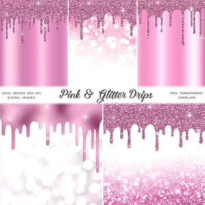 Pink And Glitter Drips - Backgrounds and Transparent Overlays - Instant Download Digital Clip art for Invitations Cards Party design Backdrop Scrapbooking Kids Crafts