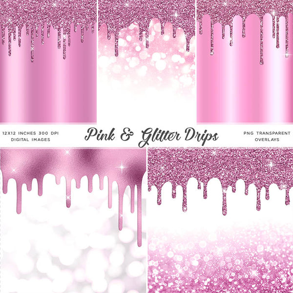 Pink And Glitter Drips - Backgrounds and Transparent Overlays - Instant Download Digital Clip art for Invitations Cards Party design Backdrop Scrapbooking Kids Crafts