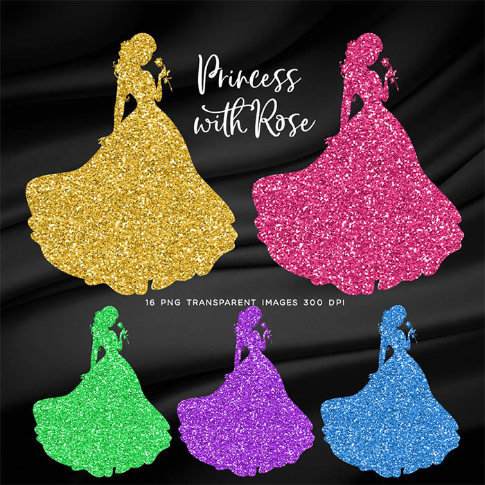 Princess With A Rose Glitter Texture - 16 Different Colors PNG Transparent Images - Instant Download Digital Clip art