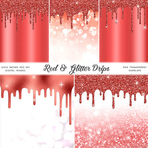 Red And Glitter Drips - Backgrounds and Transparent Overlays - Instant Download Digital Clip art for Invitations Cards Party design Backdrop Scrapbooking Kids Crafts