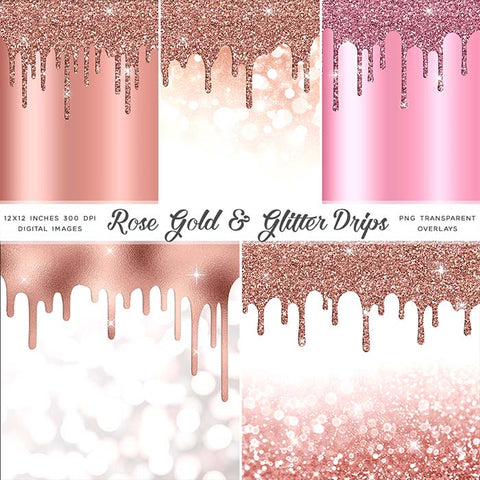 Rose Gold And Glitter Drips - Backgrounds and Transparent Overlays - Instant Download Digital Clip art for Invitations Cards Party design Backdrop Scrapbooking Kids Crafts