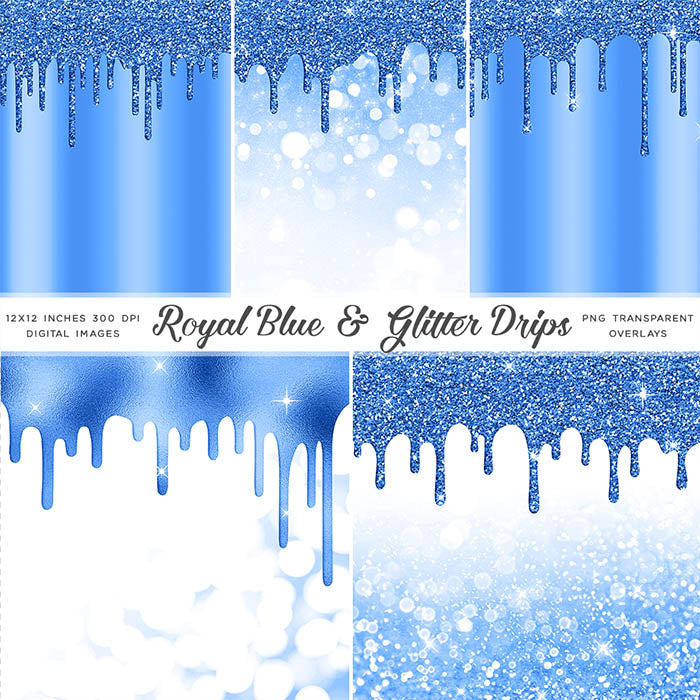 Royal Blue And Glitter Drips - Backgrounds and Transparent Overlays - Instant Download Digital Clip art for Invitations Cards Party design Backdrop Scrapbooking Kids Crafts