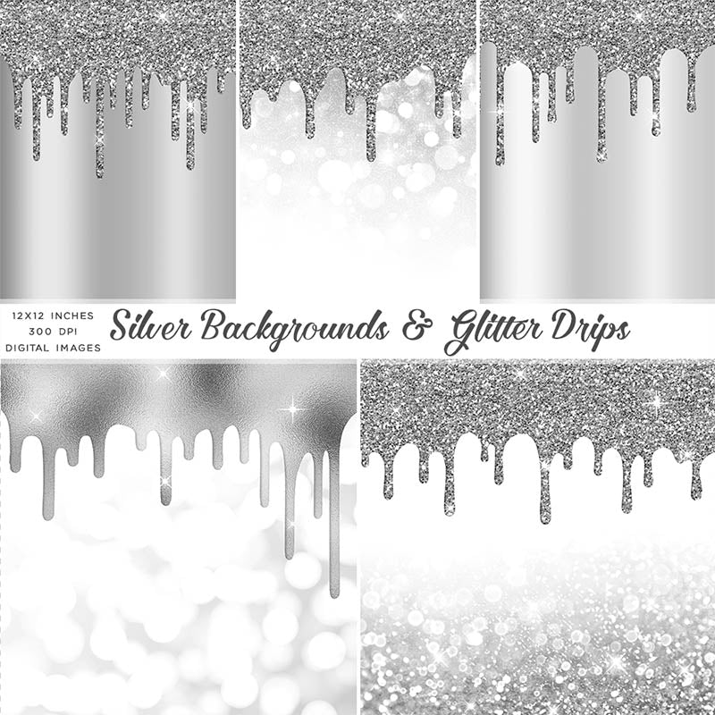 Silver And Glitter Drips - Backgrounds and Transparent Overlays - Instant Download Digital Clip art for Invitations Cards Party design Backdrop Scrapbooking Kids Crafts