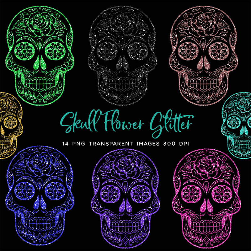 Skull Flower Glitter - Decorative Skull PNG Transparent Images - Instant Download Digital Clip art