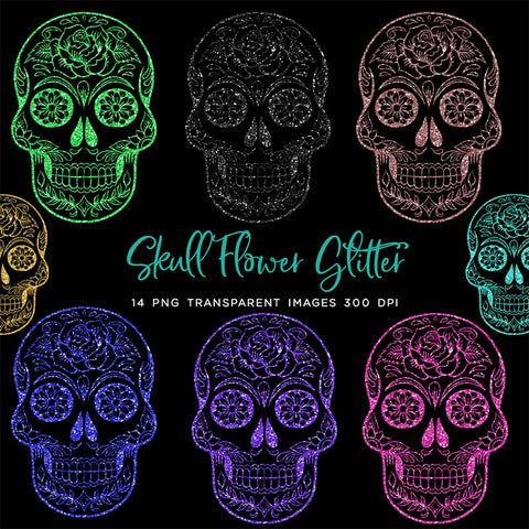 Skull Flower Glitter - Decorative Skull PNG Transparent Images - Instant Download Digital Clip art
