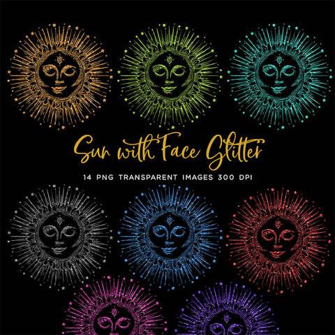 Sun with Face Glitter - 14 PNG Transparent Images - Instant Download Digital Clip art