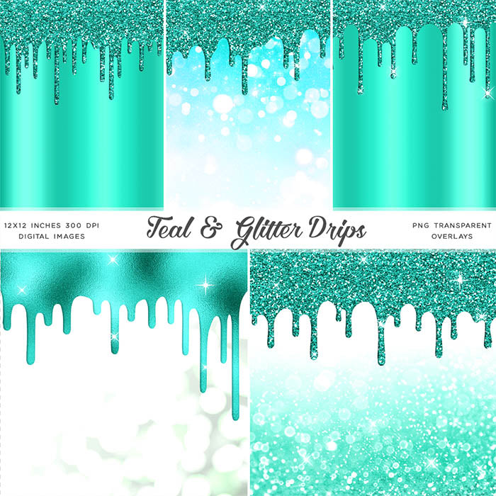 Teal And Glitter Drips - Backgrounds and Transparent Overlays - Instant Download Digital Clip art for Invitations Cards Party design Backdrop Scrapbooking Kids Crafts