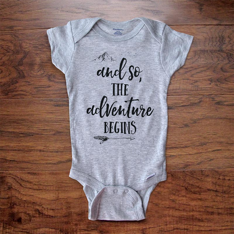 and so the adventure begins - new baby boho hipster hippie baby onesie bodysuit surprise birth pregnancy reveal announcement husband grandparents