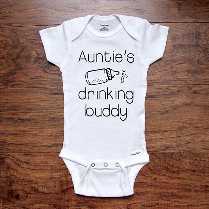 Auntie's drinking buddy - funny baby onesie bodysuit surprise birth pregnancy reveal announcement husband grandparents aunt uncle baby shower gift