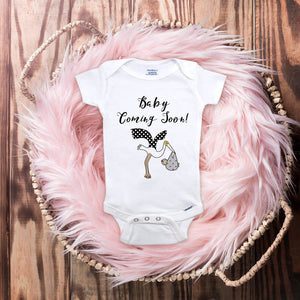 Baby Coming Soon Stork bird design onesie surprise grandparents mom dad parents grandpa grandma