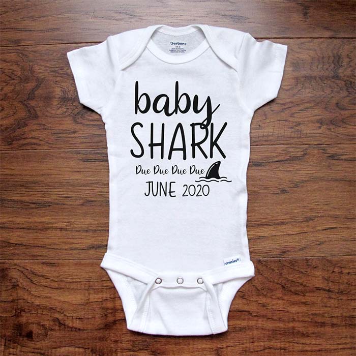 CUSTOM baby onesie - baby Shark Due Due Due Due (Custom Date) bodysuit baby coming birth pregnancy announcement surprise grandparents or daddy