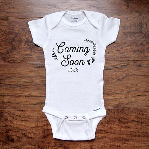 Coming Soon 2024 Baby feet and Leaves - baby onesie bodysuit birth pregnancy reveal announcement grandparents or daddy