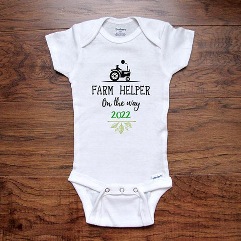 Farm Helper on the Way 2023 Soon Baby onesie bodysuit baby coming birth pregnancy announcement surprise grandparents or daddy or mom dad