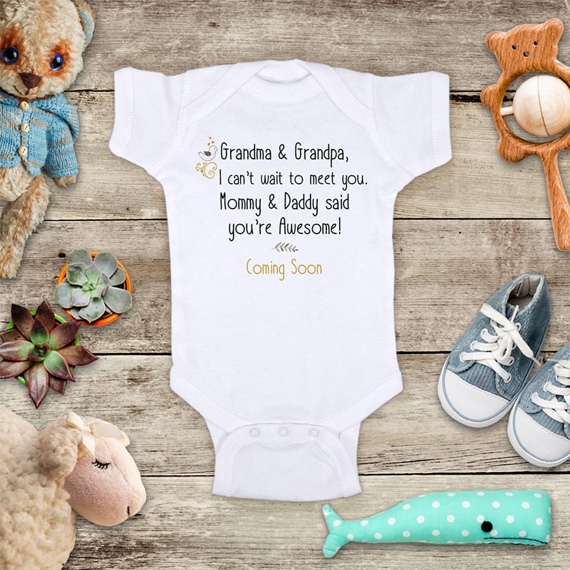 Grandma & Grandpa, I can't wait to meet you. Mommy & Daddy said you're Awesome! Coming Soon baby onesie birth pregnancy announcement surprise grandparents