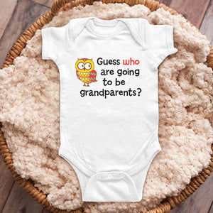 Guess who are going to be grandparents? Owl design baby onesie surprise pregnancy reveal to mom dad