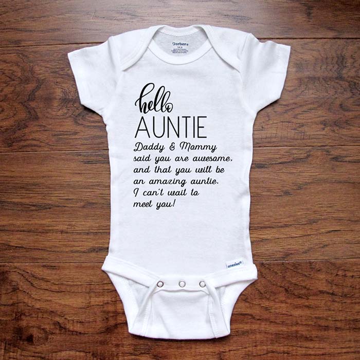 hello Auntie Daddy & Mommy said you are awesome an Amazing Auntie - baby onesie bodysuit birth pregnancy reveal announcement for sister surprise
