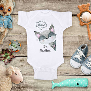 Hello I'm new here - cute baby raccoon onesie bodysuit birth pregnancy announcement baby shower gift