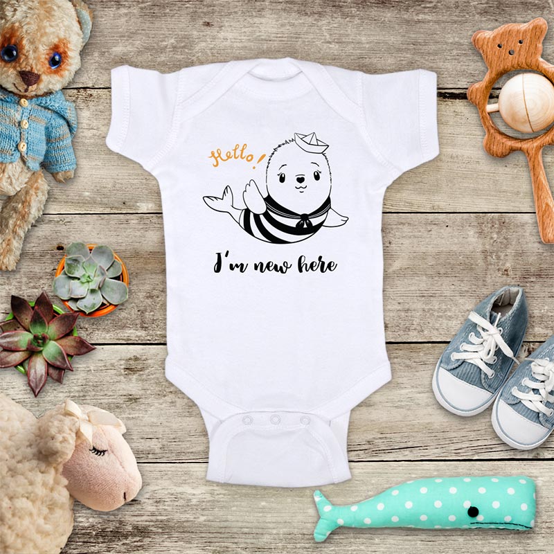 Hello I'm new here - cute baby Seal onesie bodysuit birth pregnancy announcement baby shower gift
