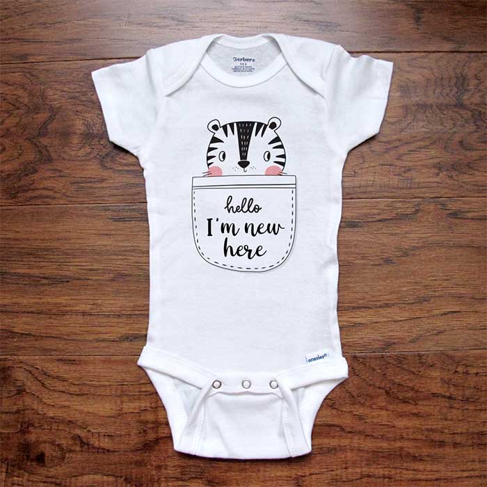 Hello I'm new here - cute cartoon baby tiger in pocket onesie bodysuit birth pregnancy announcement baby shower gift