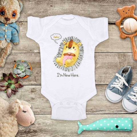 Hello I'm new here - cute baby hedgehog onesie bodysuit birth pregnancy announcement baby shower gift