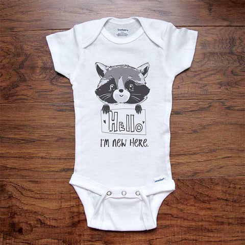 Hello I'm new here - cute baby raccoon d2 onesie bodysuit birth pregnancy announcement baby shower gift