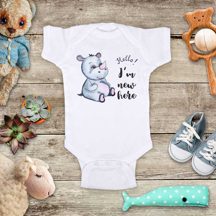 Hello I'm new here - cute baby Rhino Rhinoceros onesie bodysuit birth pregnancy announcement baby shower gift