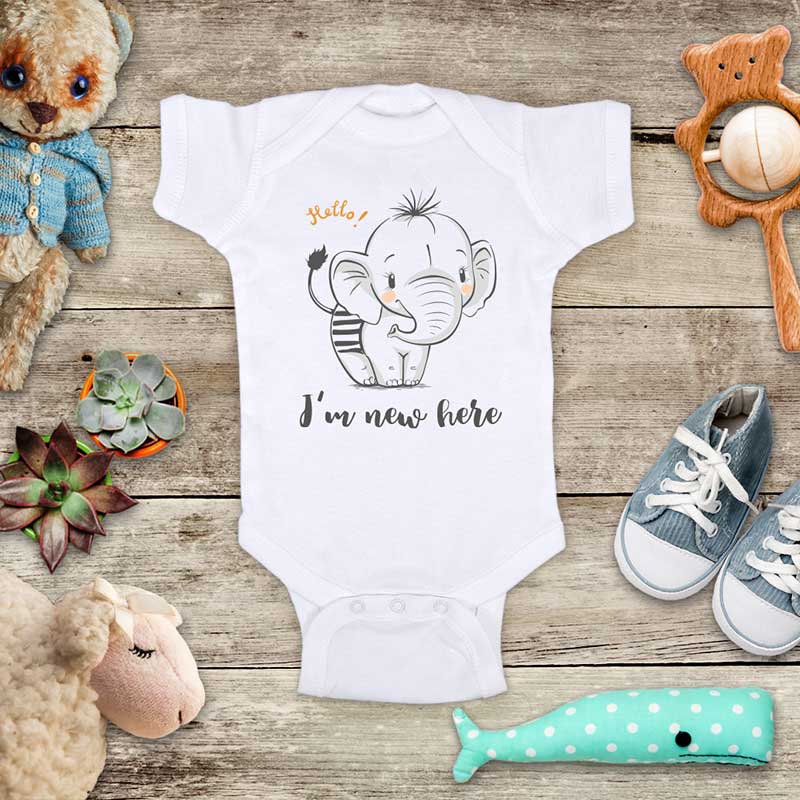 Hello I'm new here - cute baby elephant d1 onesie bodysuit birth pregnancy announcement baby shower gift