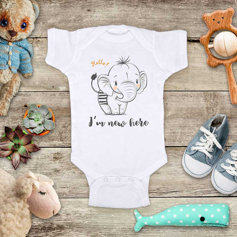 Hello I'm new here - cute baby elephant d1 onesie bodysuit birth pregnancy announcement baby shower gift