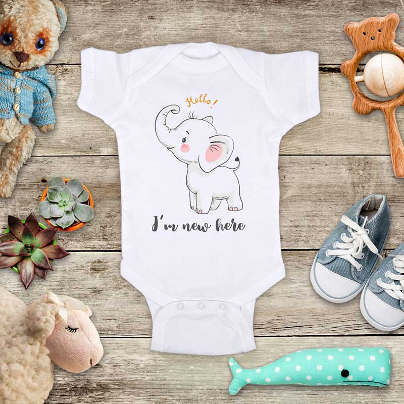 Hello I'm new here - cute baby elephant d2 onesie bodysuit birth pregnancy announcement baby shower gift