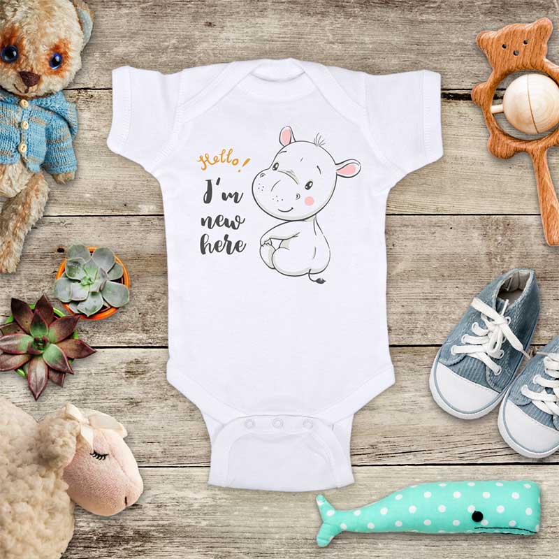 Hello I'm new here - cute baby hippo hippopotamus onesie bodysuit birth pregnancy announcement baby shower gift