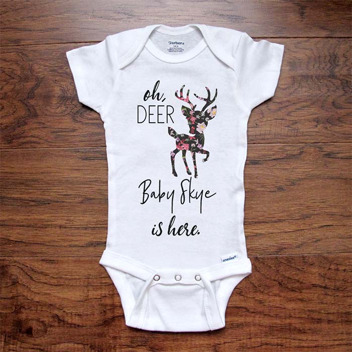 oh Deer Baby (Custom Name) is here. Personalized Custom baby onesie surprise birth pregnancy reveal announcement husband grandparents